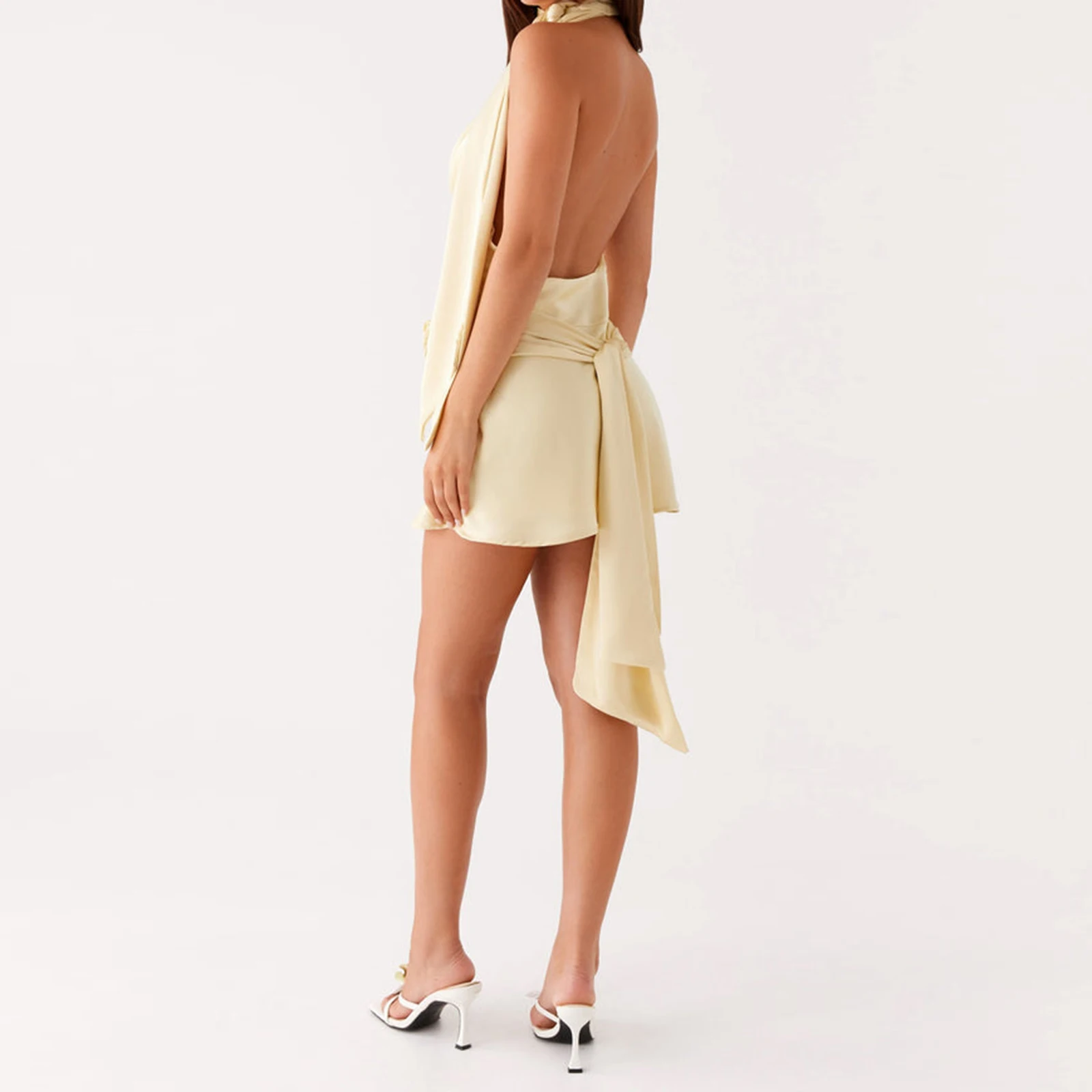 Women Halter Low Neck Mini Dress Sexy Cutout Sleeveless Boho Short Dresses Open Back Night Party Going Out Sundress