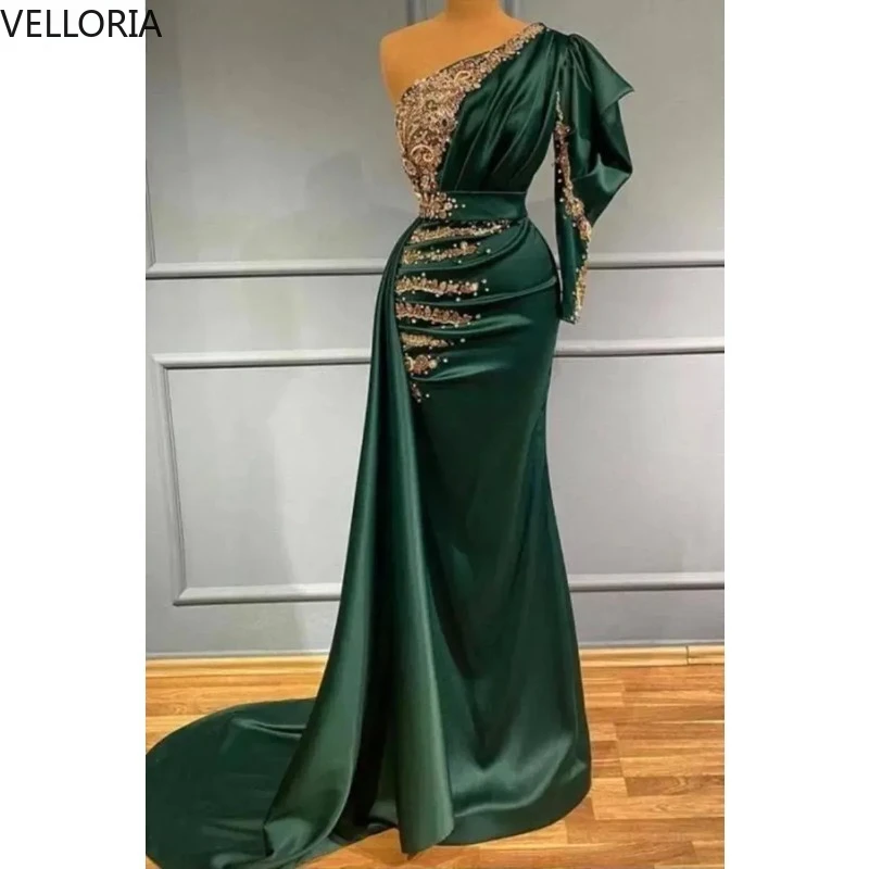 

Luxury Dark Green Satin Evening Dress Gold Lace Pearls Beads Mermaid Party Gown Ball Gown Vestdos De Fiesta Customized