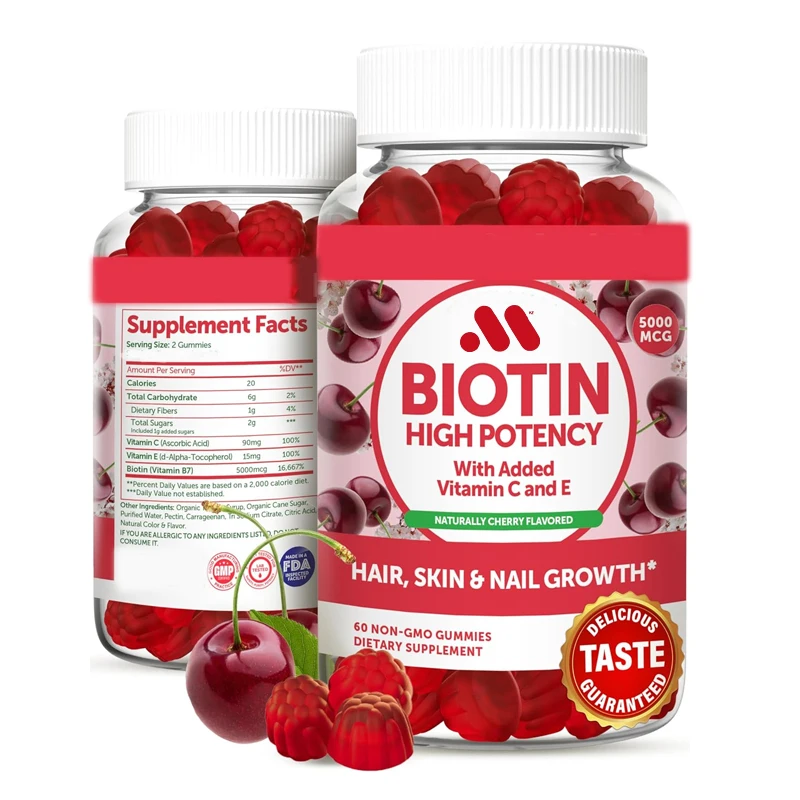 Biotin cherry gummies contain vitamins C and E, while non genetically modified hair, skin, and nails contain 60 vitamins