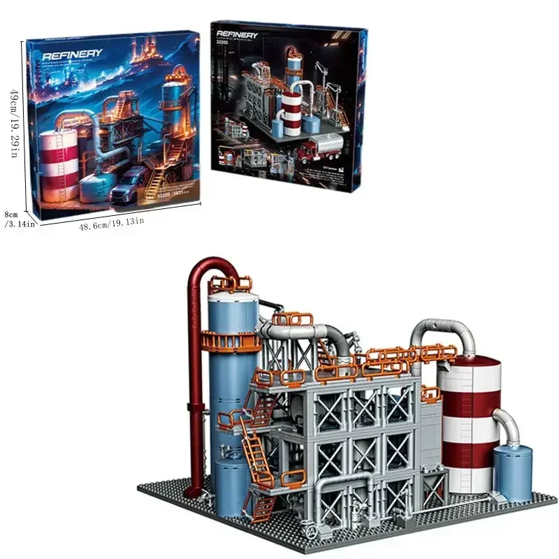 Ensemble de blocs de construction Raffinerie de pétrole 1831 pièces, kit de modélisme de scène industrielle science-fiction avec réservoirs de stockage, tuyaux et détails de camions, jouets d'assemblage DIY pour adultes, cadeau idéal pour anniversaire ou vacances, décoration pour la maison ou le bureau, collection et présentoir.