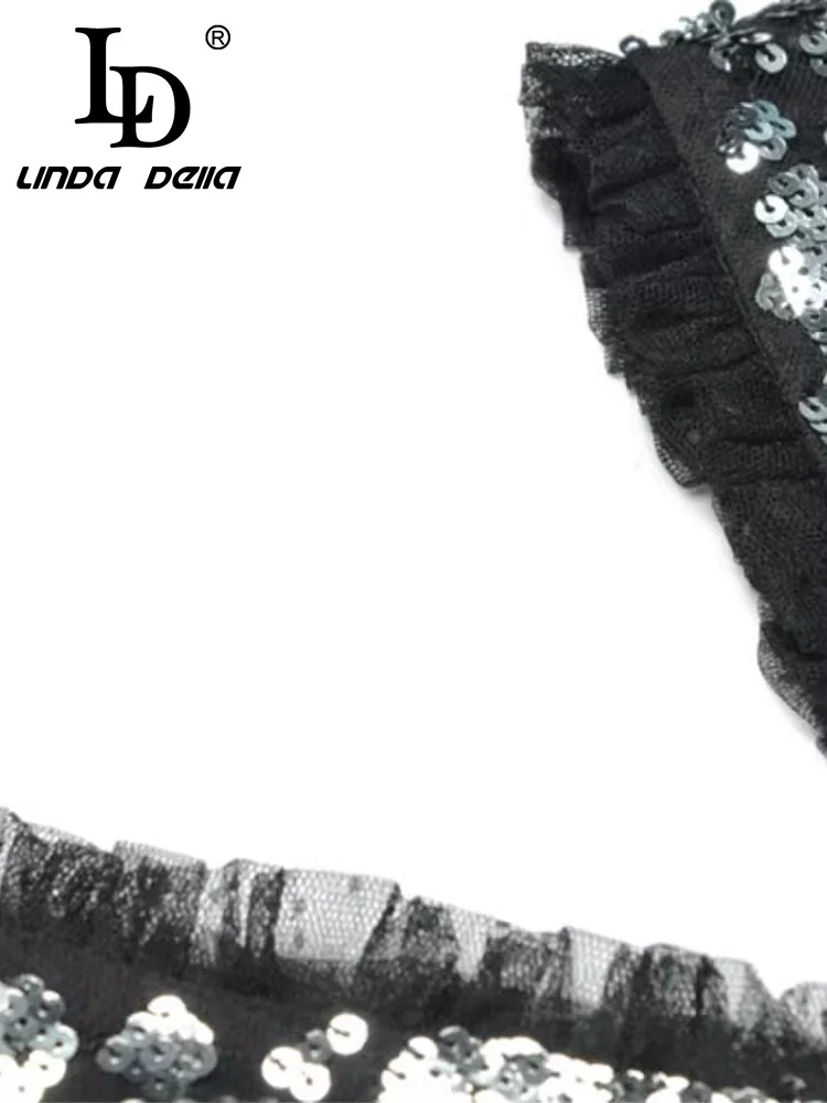 LD LINDA DELLA فساتين راقية صيفية للنساء برقبة على شكل حرف v وأكمام طويلة وخصر عالٍ فساتين ضيقة شبكية ترتر