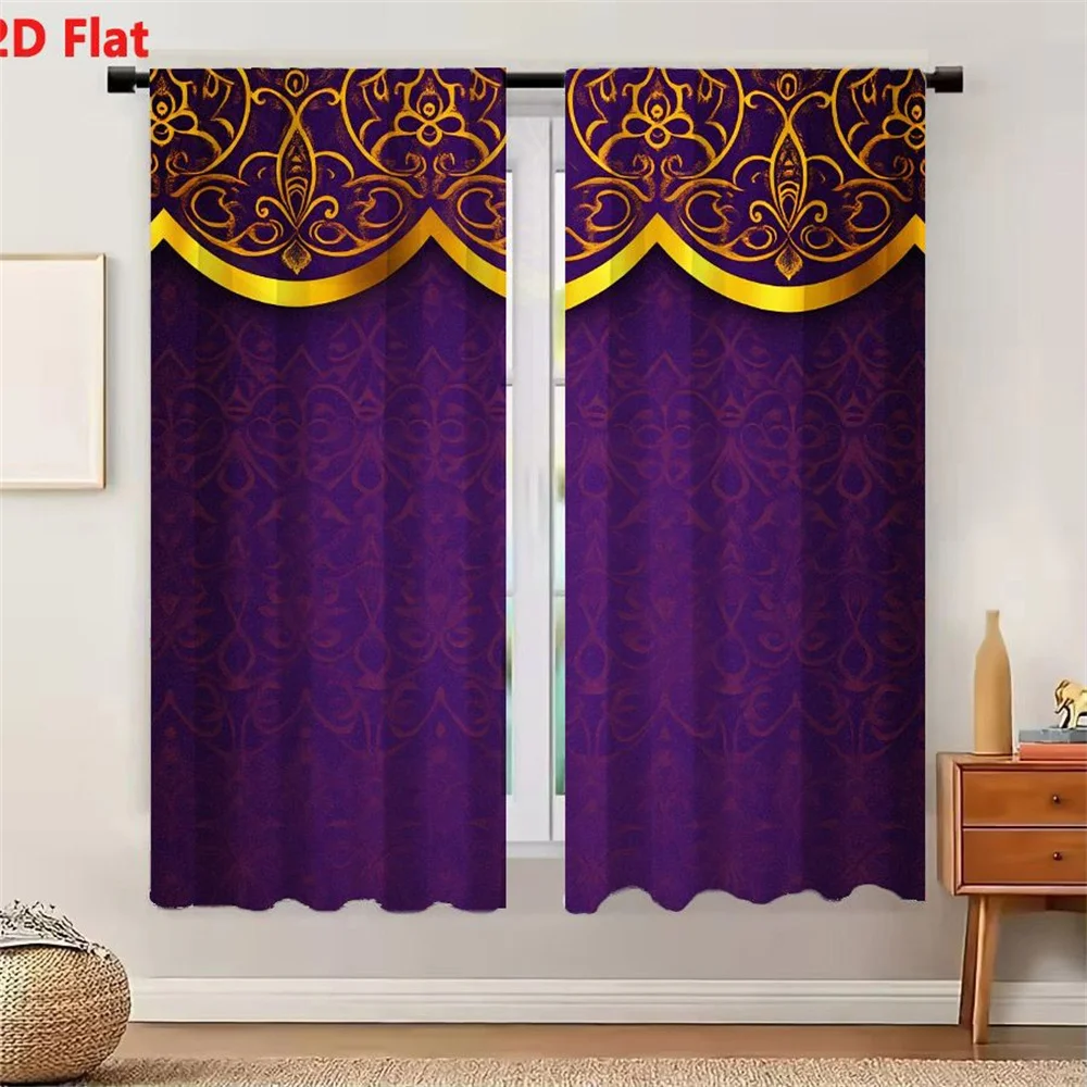 2Pcs Curtains Luxurious Deep Purple And Gold Ornate Damask Background For Formal Invitations Window Drapes for Bedroom Room Deco