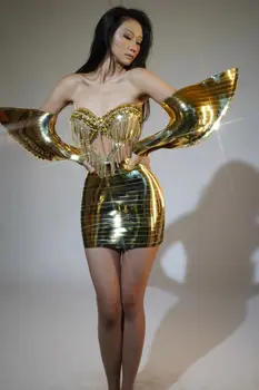 Sparkly Gold Sequins Rhinestones Two Pieces Exaggerated Sleeves Short Dress Party Women Prom Celebriate Birthday Dresses