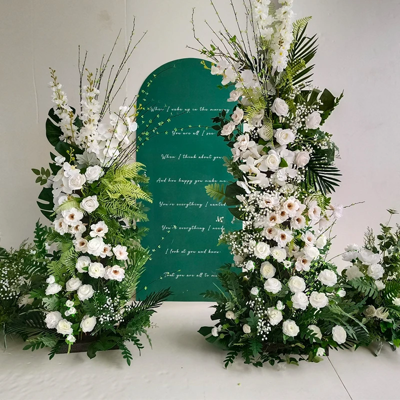5D الأبيض الحدث الزفاف خلفية قوس Kt مجلس ديكور تشكيلة الأزهار النباتات الخضراء ورقة الورد Babysbreath الممر الطابق زهرة #1