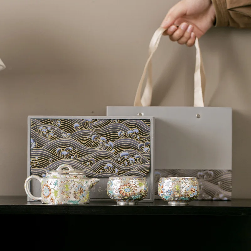 

Ceramic gilt silver pot and two cups tea set, gift for elders, gift for friends
