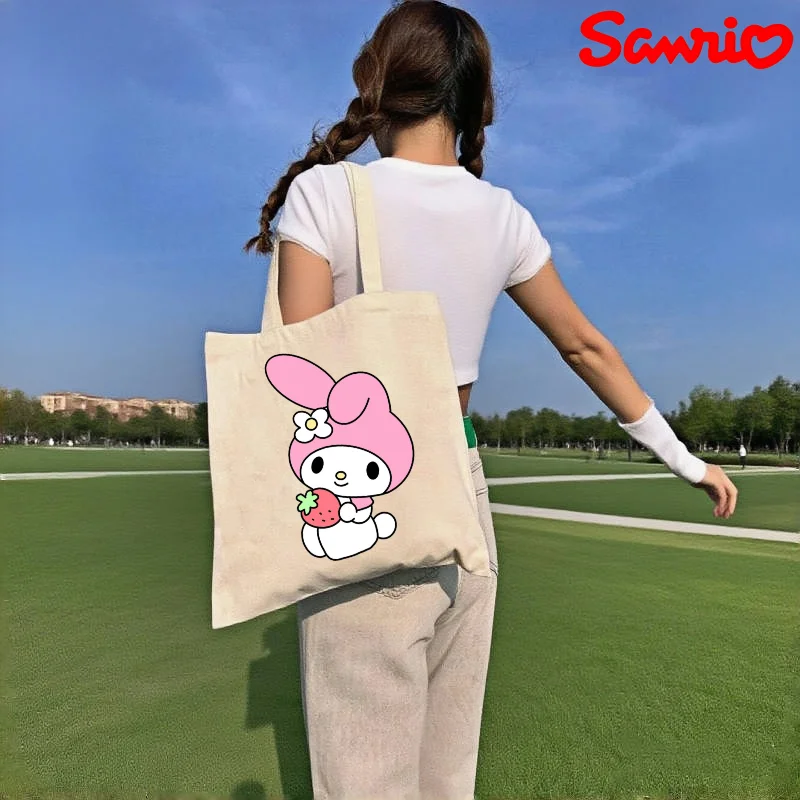 

1 шт. Холщовая сумка-тоут Sanrio My Melody с клубничным принтом, двусторонняя, повседневная, большая сумка через плечо, милая сумка для покупок и путешествий