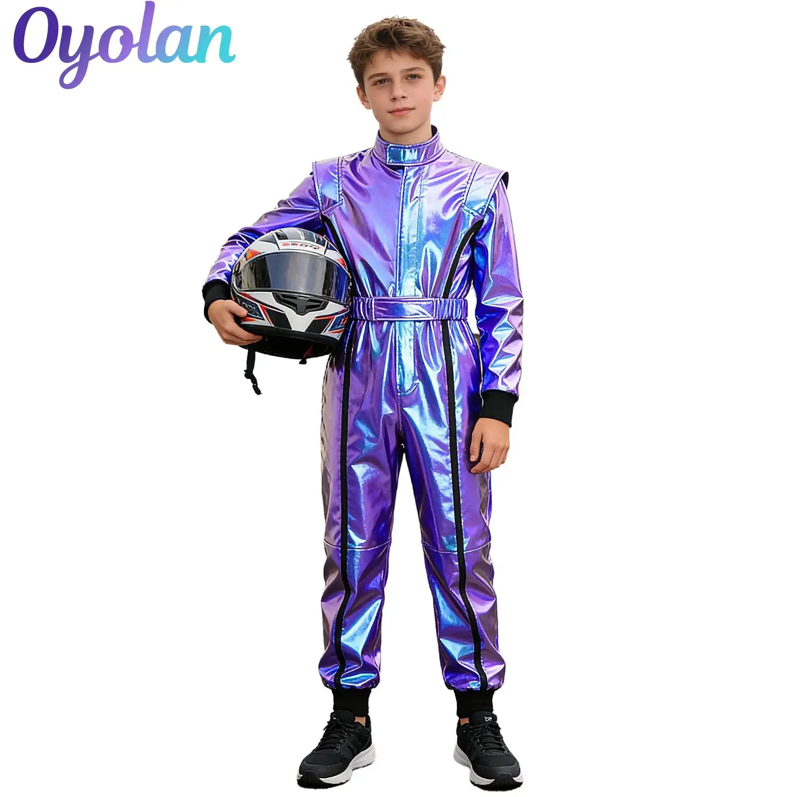 

Boys Alien Robot Spacemen Astronaut Cosplay Costume Long Sleeve Zipper Metallic Bodysuit with Belt Motorcycle Racing Jumpsuit