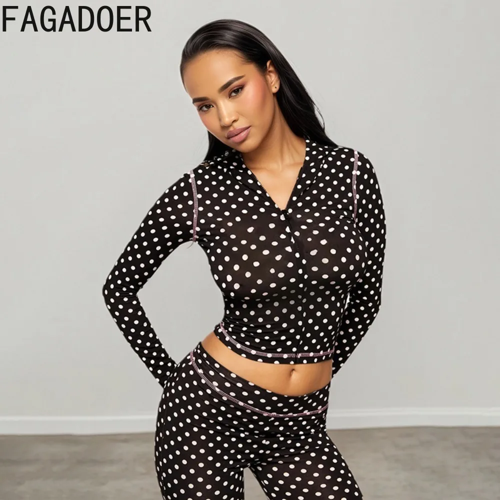 FAGADOER ريترو موضة البولكا نقطة طباعة 2 قطعة مجموعة المرأة طويلة الأكمام مقنعين البريدي سترة السراويل مطابقة الإناث الشارع الشهير جديد