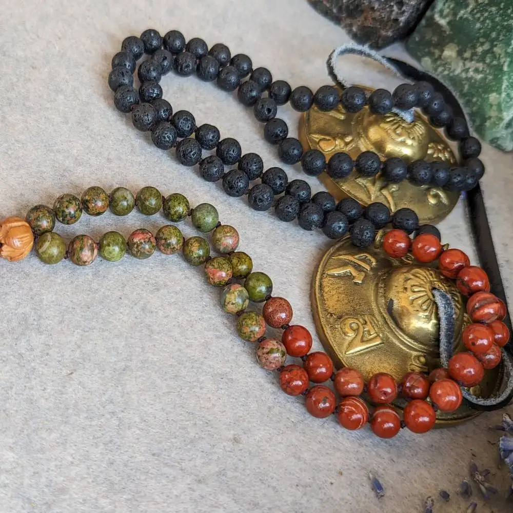 

Natural Lava Rock, Red Jasper & Unakite 108 Mala Beads Wrap Bracelet Grounding & Vitality Healing Crystal Jewelry