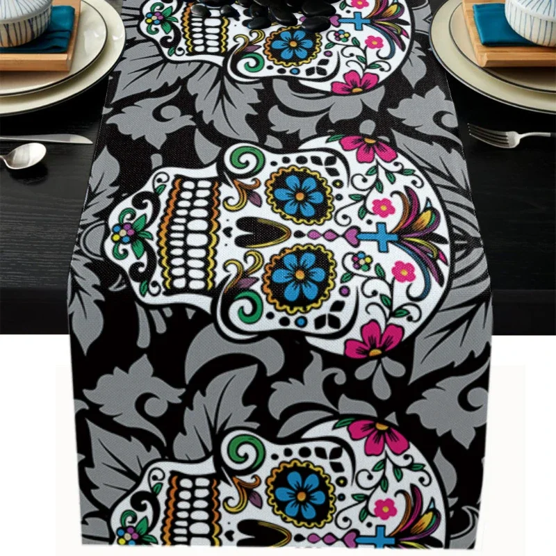 Mexican Day of The Dead Fiesta Skull Linen Table Runner Dresser Scarf Reusable Kitchen Dining Table Runner Party Decorations