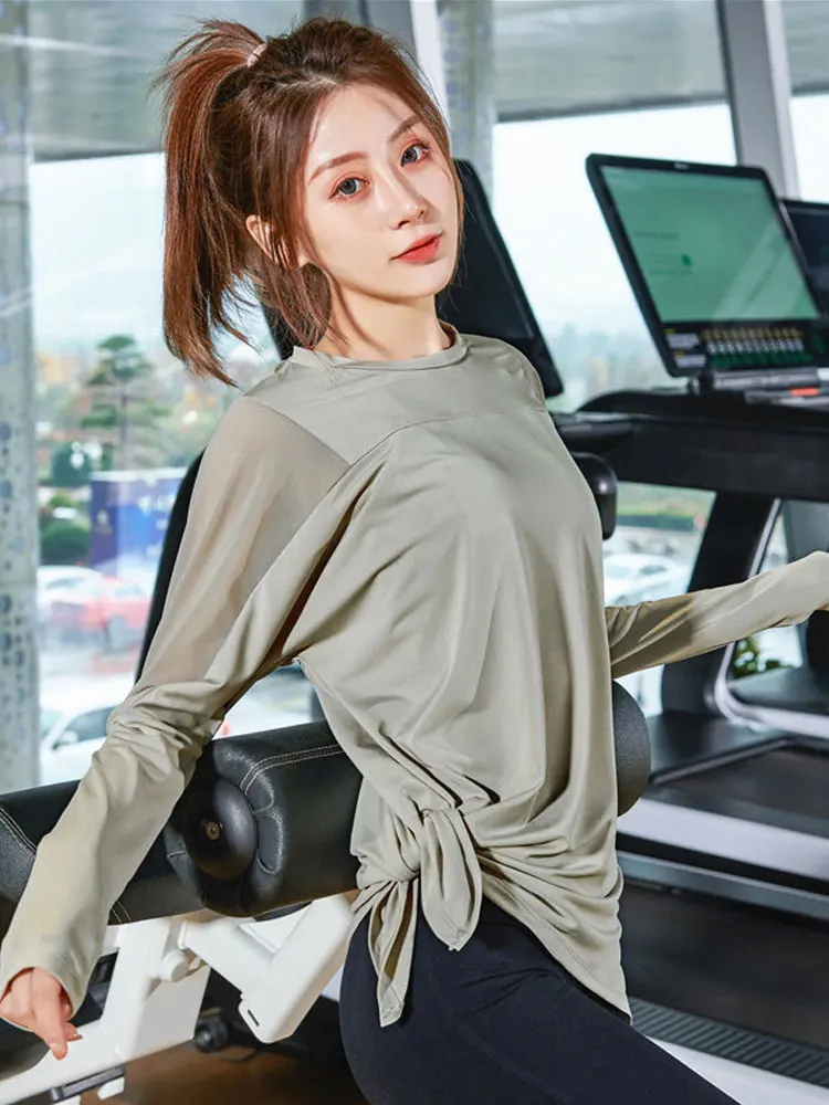 Splicing Yoga Loose Long Sleeve Top Side Slits Sports Shirts Women Quick Dry Fitness Blouses Gym Workout Pulovers Athletic Wear