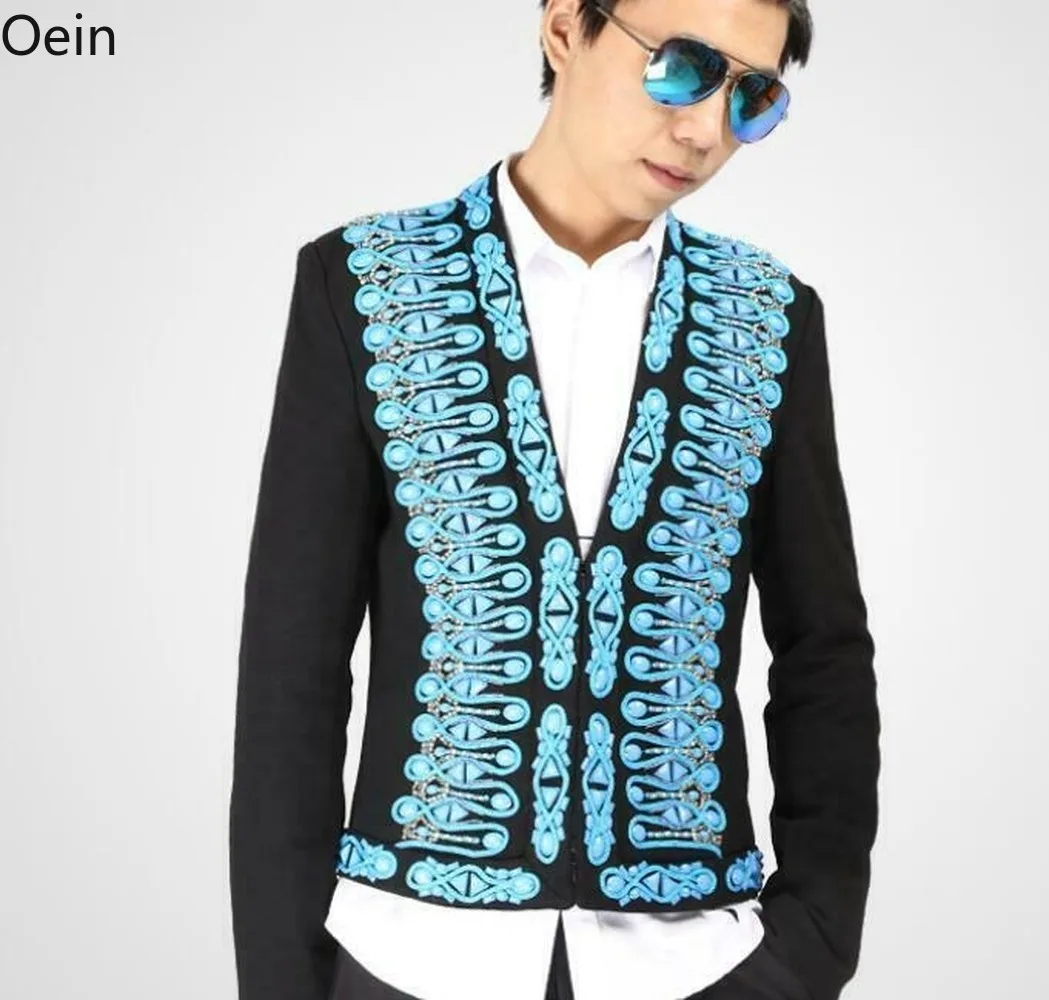 Men Long Sleeve Rhinestone Slim Coat Blue Cardigan Peacoat Embroidery Luxury Suit Blazer Fit New 2023