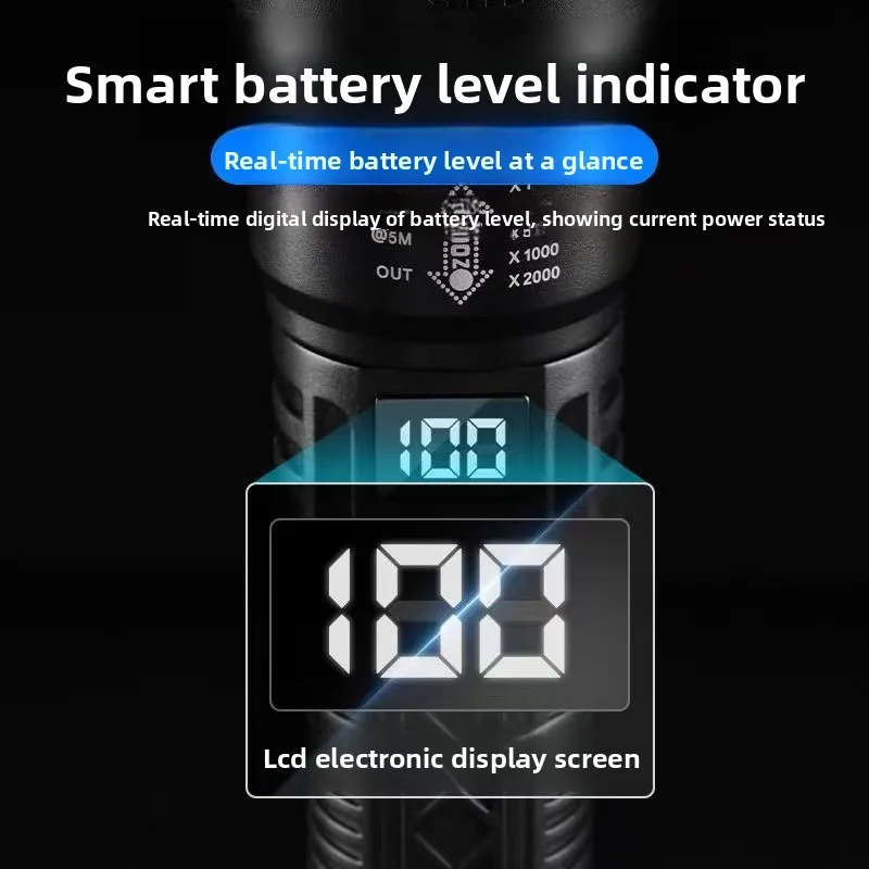 متعددة الوظائف التكبير مصباح يدوي رقمي مشرق USB شحن سعة كبيرة في الهواء الطلق تسلق الجبال التخييم الإضاءة