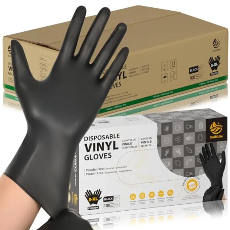 

SWIFTLITE Black Vinyl Gloves Food Grade Gloves Disposable Latex Free and Powder Free Guantes for Cleaning Cooking Food Prep
