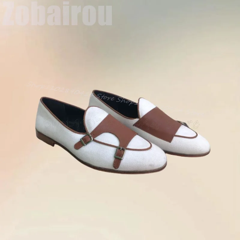 Brown White Buckle Decor Double Monk Loafers Fashion Slip On Men Shoes Luxurious Handmade Party Banquet Office Men Dress Shoes