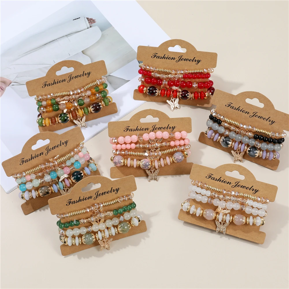 

4-piece/set Charm Fashion Colorful Beaded Butterfly Bracelet, Bohemian Style Bracelet Set Colorful Round Bead Bracelet