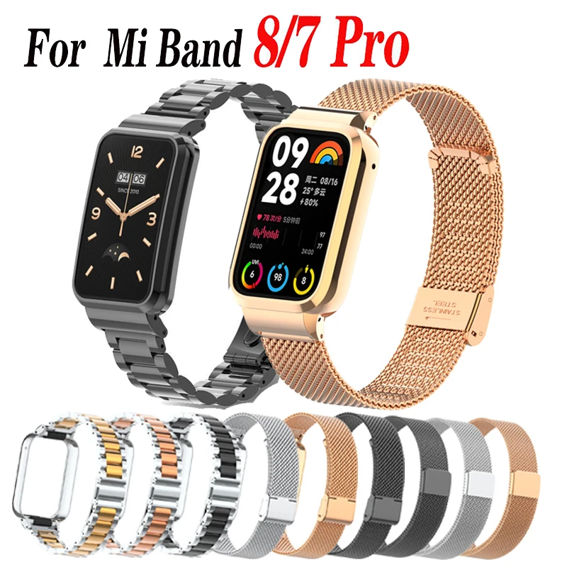 For Xiaomi Mi Band 8/7 Pro Strap Milanese Stainless steel Bracelet Watchbands With Mi Band 8 7 Pro Protective Case Cover Frame