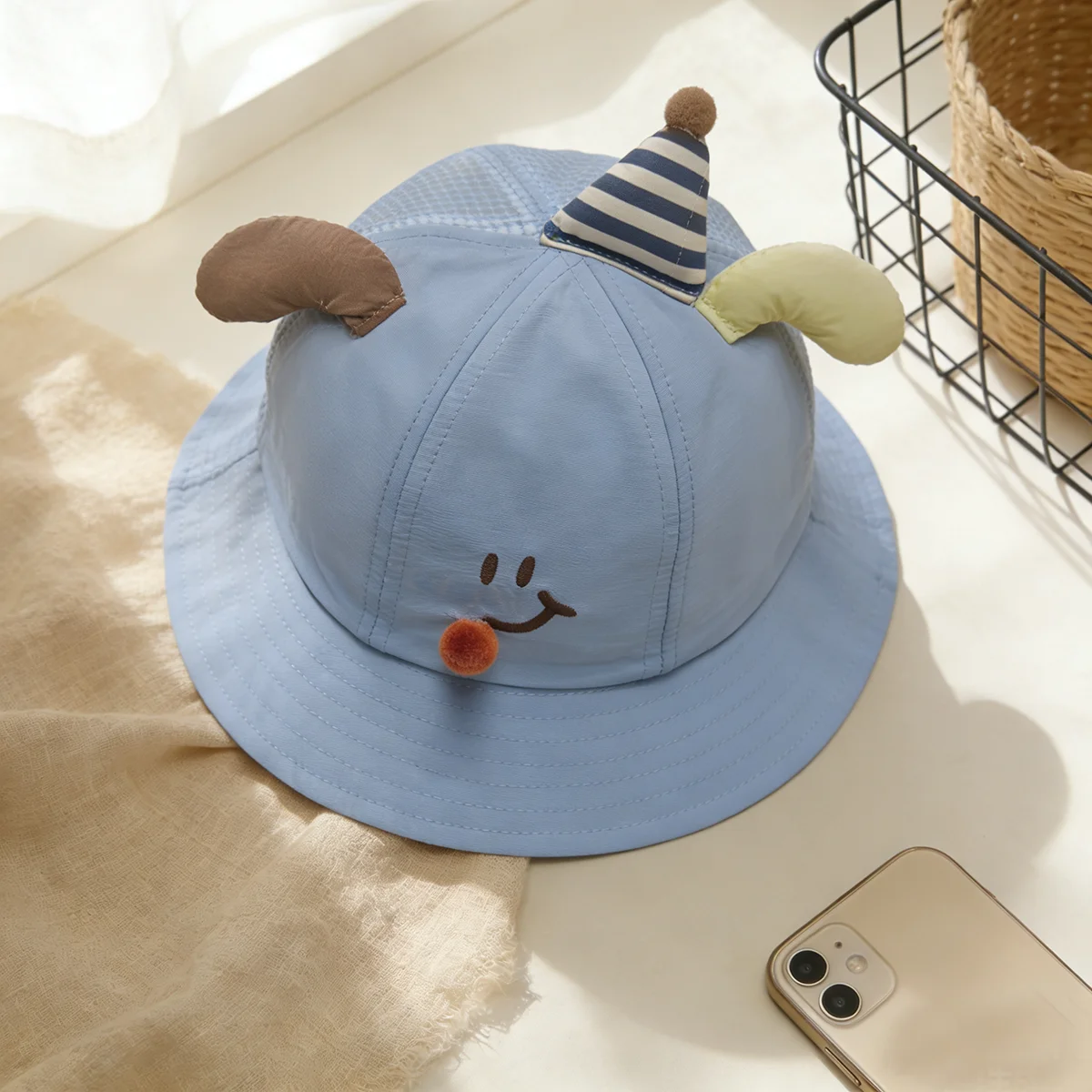 Cute birthday-themed embroidered face mask for red pompom cake hat decoration with a semi-net fishing hat. Suitable for parties. view 4