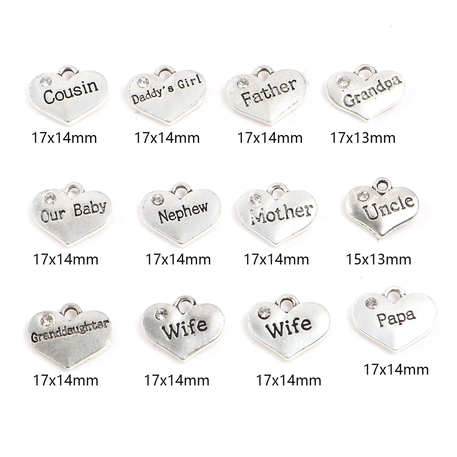 10 PCs Zinc Based Alloy Family Jewelry Charms Heart Antique Silver Color Clear Rhinestone Mother Wife Papa Pendant for Making