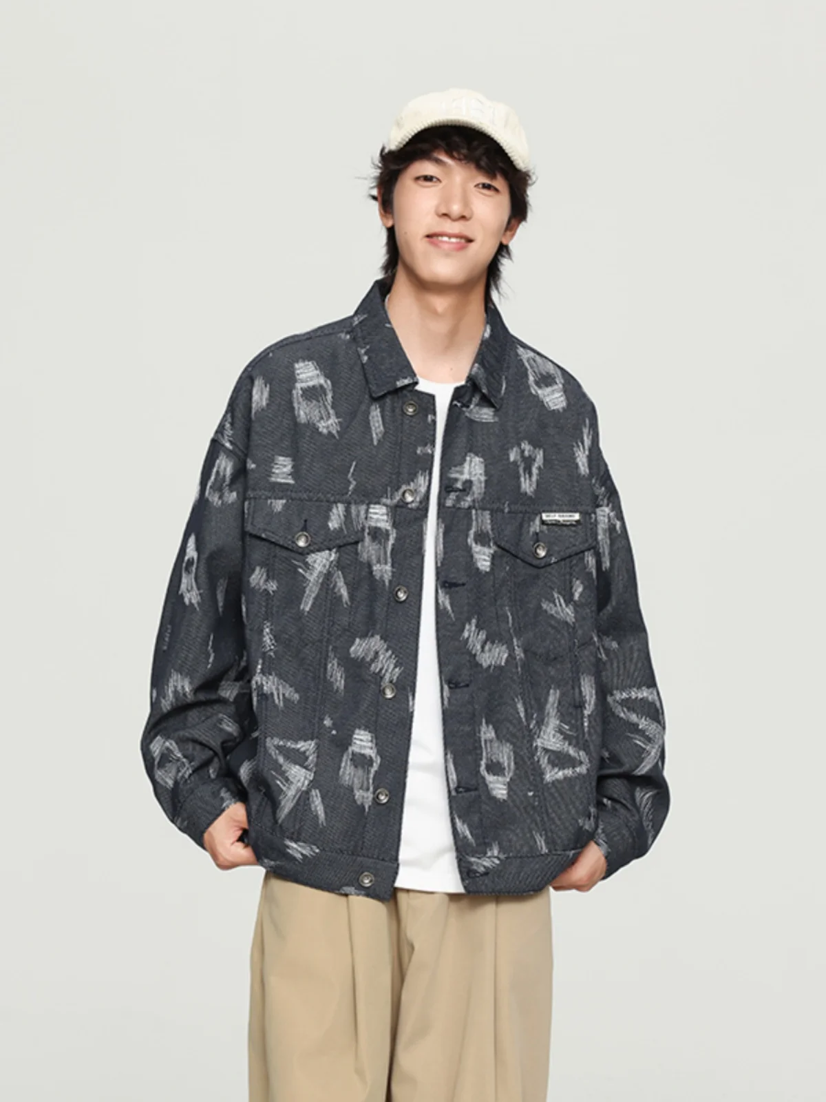 

Retro Waed Casual Loose American Collar Embroidered Denim Jaet Men's Autumn Workwear Jaet Cotton Polyester Blend