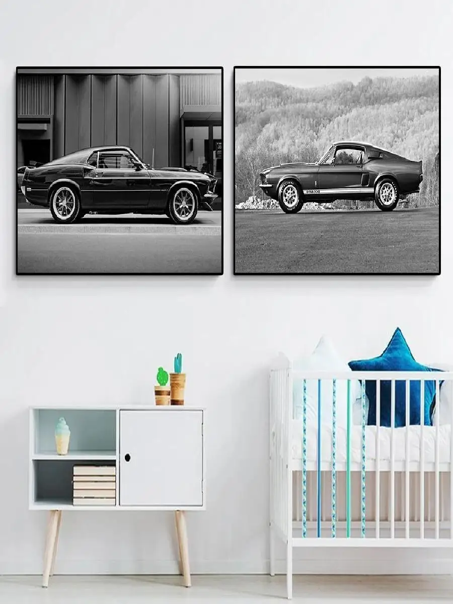 Vintage Mustang Racing Poster Black  White Canvas Art Classic American Muscle Car Wall Decor for Living Room Home