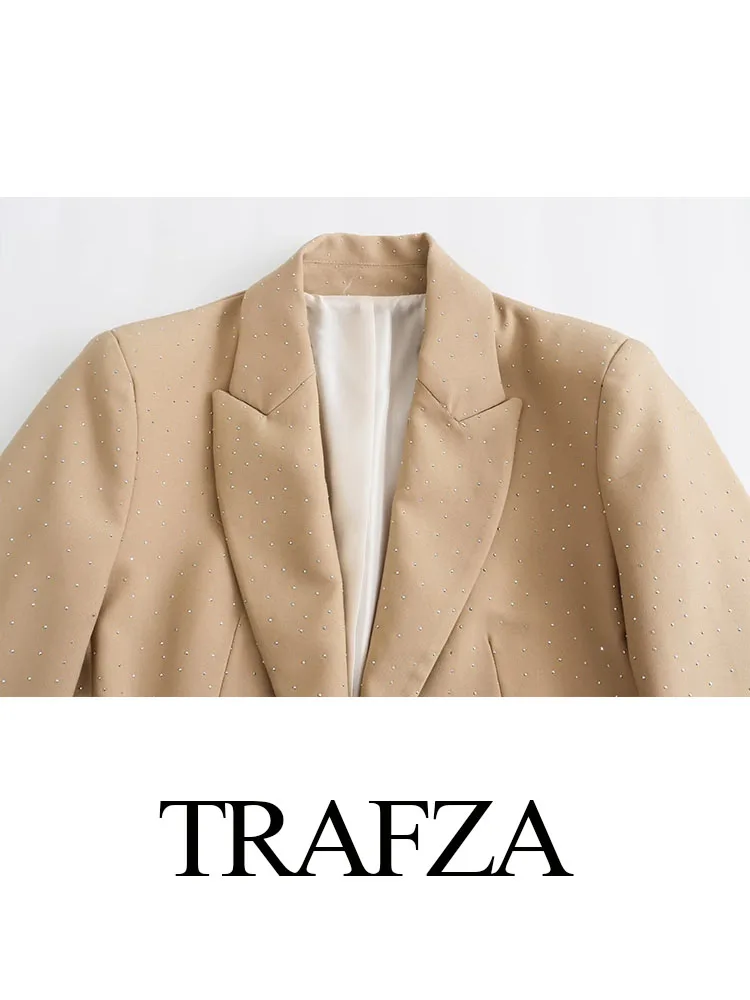 TRAFZA 2023 Autumn Fashion Diamond Pockets Zipper Pencil Pants Woman Long Sleeves Lapel Shiny Short Suit Blazer Outwears