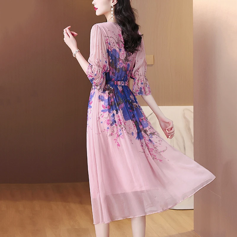 2024 Summer Luxury Silk Floral Casual Midi Dress Women\'s Vintage Elegant Evening Prom Dress Spring Holiday Boho Hepburn Vestidos