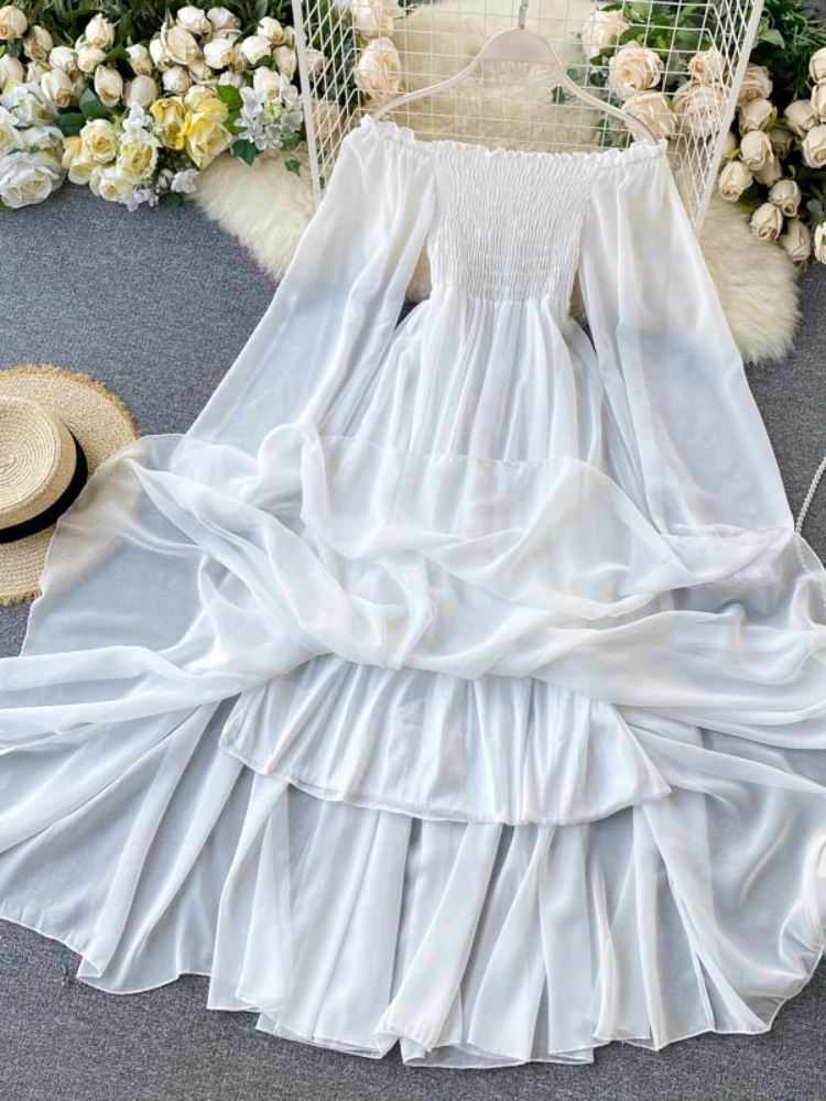 Neue Frühling Herbst Frauen elegante Urlaubs kleider Puff ärmel Slash Neck Off Shoulder Smoked weiße Chiffon Kleider