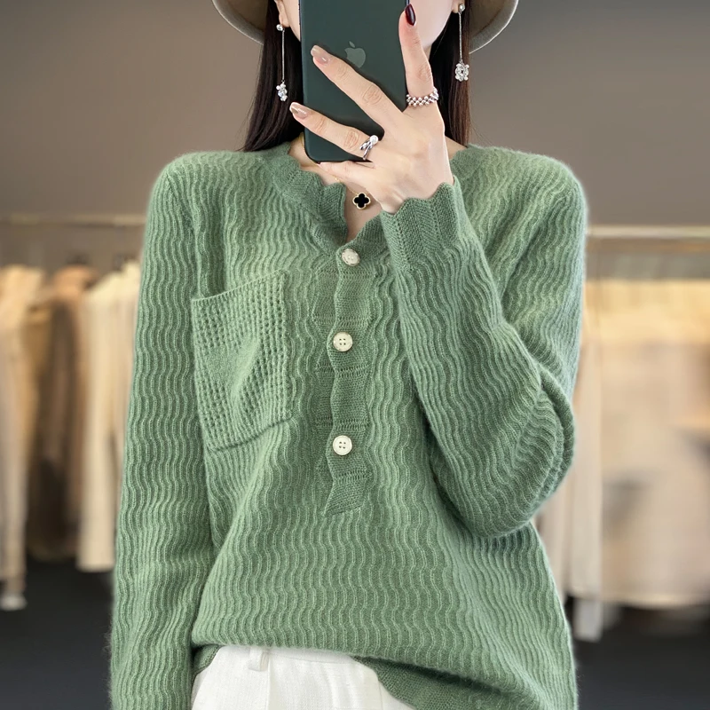 Wool Autumn/Winter 2024 New pullover Embroidered sweater Women's O-neck pullover Warm Bottom Knit shirt Top 100% wool Merinowool