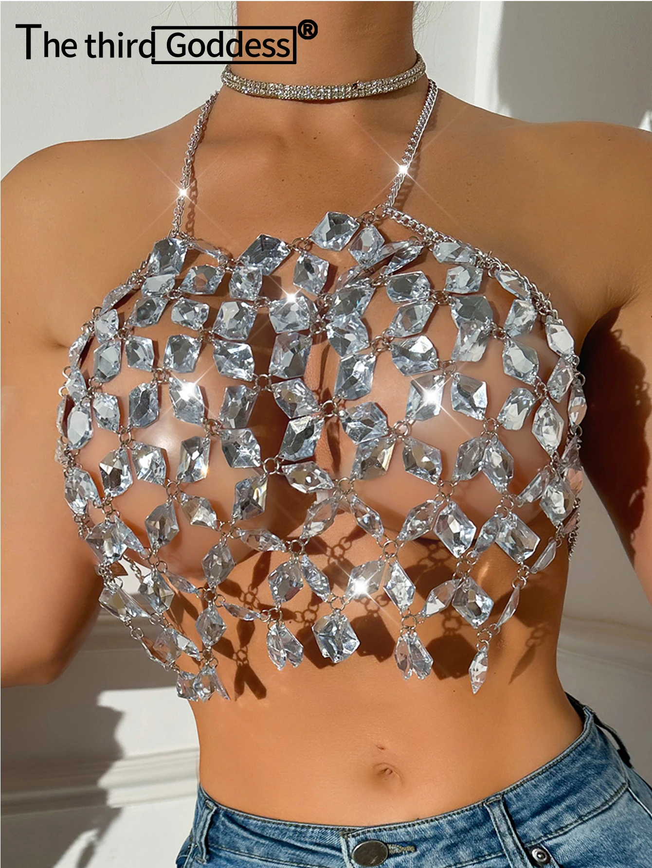 Sexy See through Rhinestone Corset Crop Top Women Summer Cropped Diamond Camisas Y2K Tops Beach Night Club Party Halter Tank Top