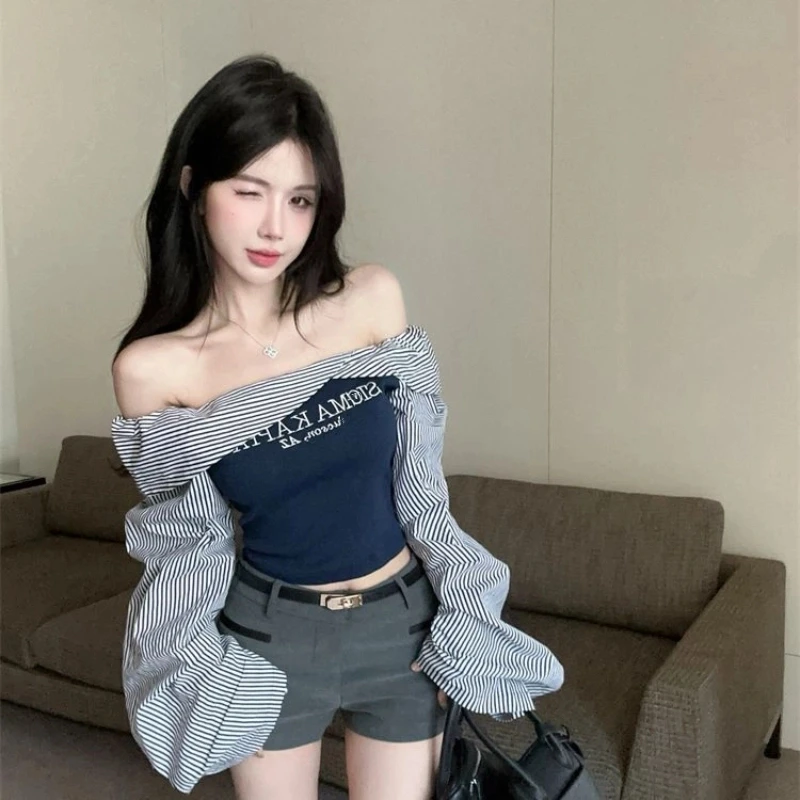 

Трендовые полосатые лоскутные топы с открытыми плечами и буквенным принтом, весенне-осенние сексуальные футболки с длинными рукавами, корейская модная женская одежда