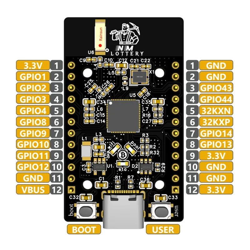 A45F-8Pcs Nmminer Bot Chain Lucky BTC Solo Lottery Ticket Miner Placa de desarrollo de ESP32-S3R8 de baja potencia