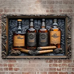 Metal Aluminum Sign Wall Hanging, 2D Flat Printing Whiskey and Cigar, Square Sign, Perfect for Home, Decorative Wall Poster