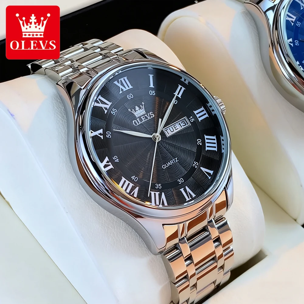 

OLEVS Men Watches Business Fashion Stainless Steel Original Brand Quartz Wristwatch for Man Waterproof Luminous Date Dual Scale