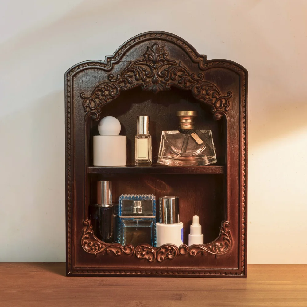 Luxurious Antique Wooden Relief Shelf: Wall-Mounted, Multi-Purpose, Exquisite Wooden Shelf Intricate Carvings Storage Cabinet
