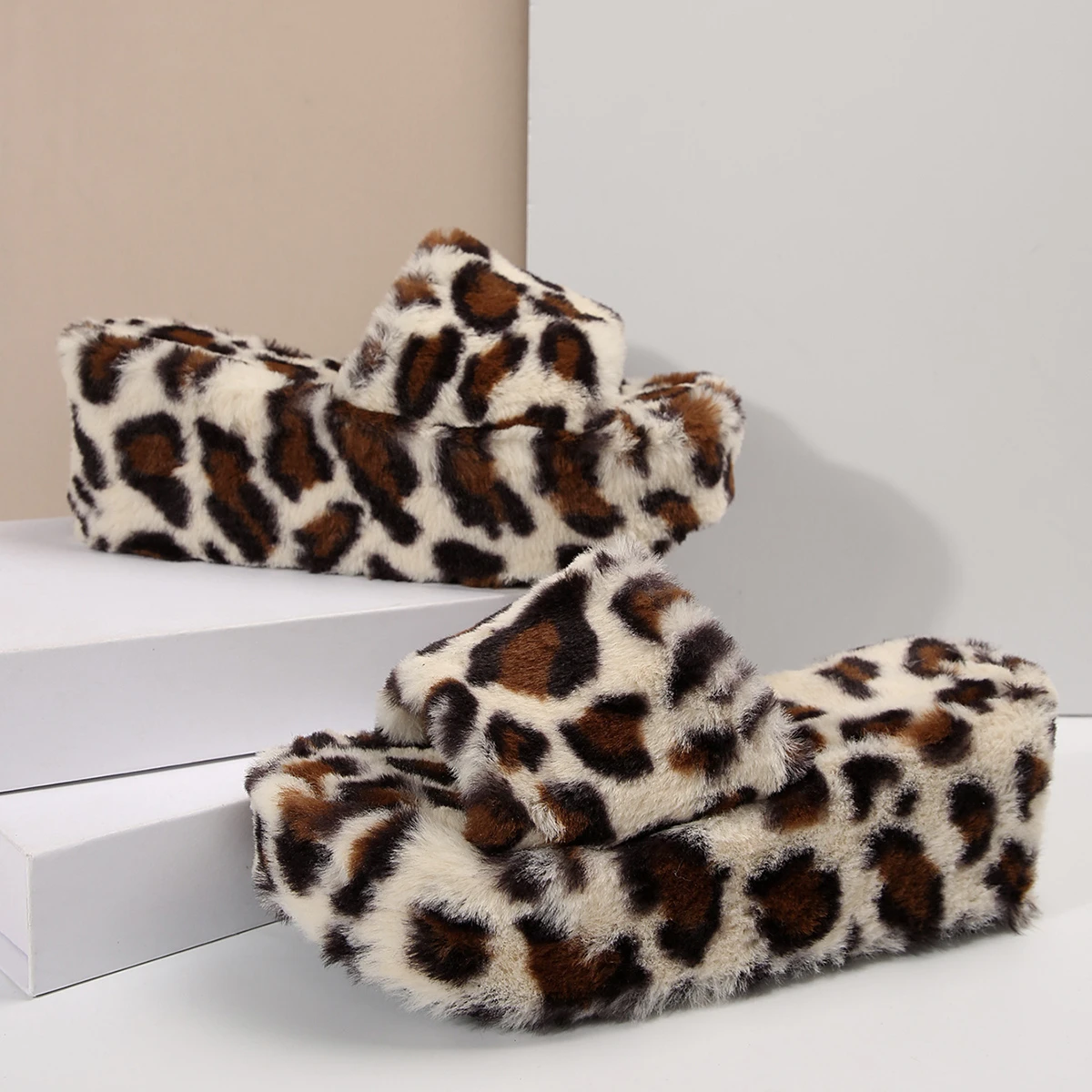 Luxury Leopard Print Fur Slide Mules Woman High Platform Fluffy Sandals Ladies Brand Design Plush Outdoor Slipper Shoes