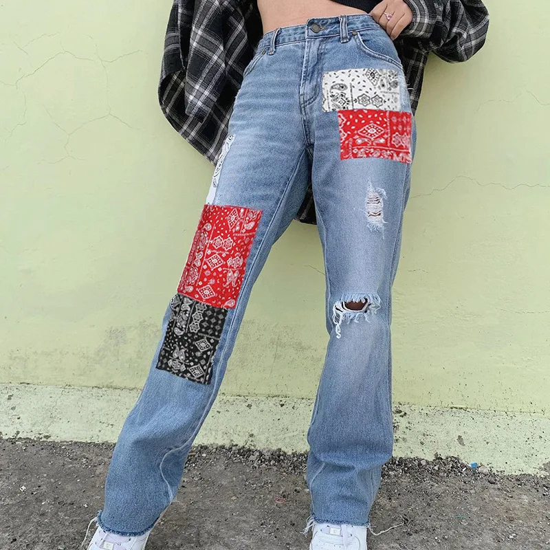 Bandana Retalhos de ganga feminina, jeans rasgado, cintura alta, calça reta, streetwear, moda, novo, 2024