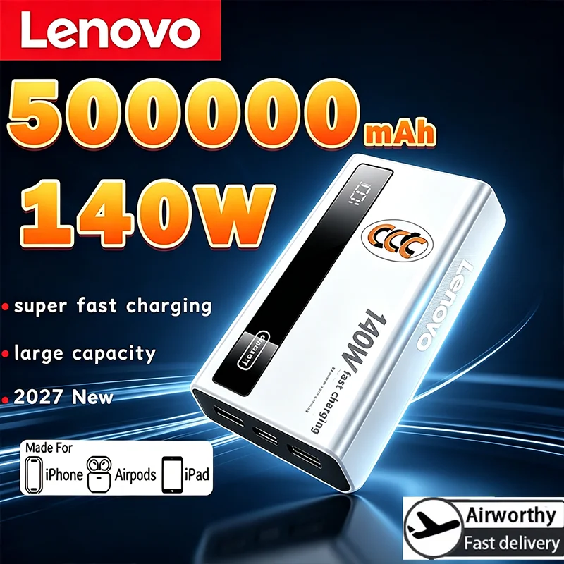 Lenovo 500000mAh Power Bank 140W Super Fast Charging CCC Portable Battery Charger LED Digital Display Ultra Capacity Powerbank