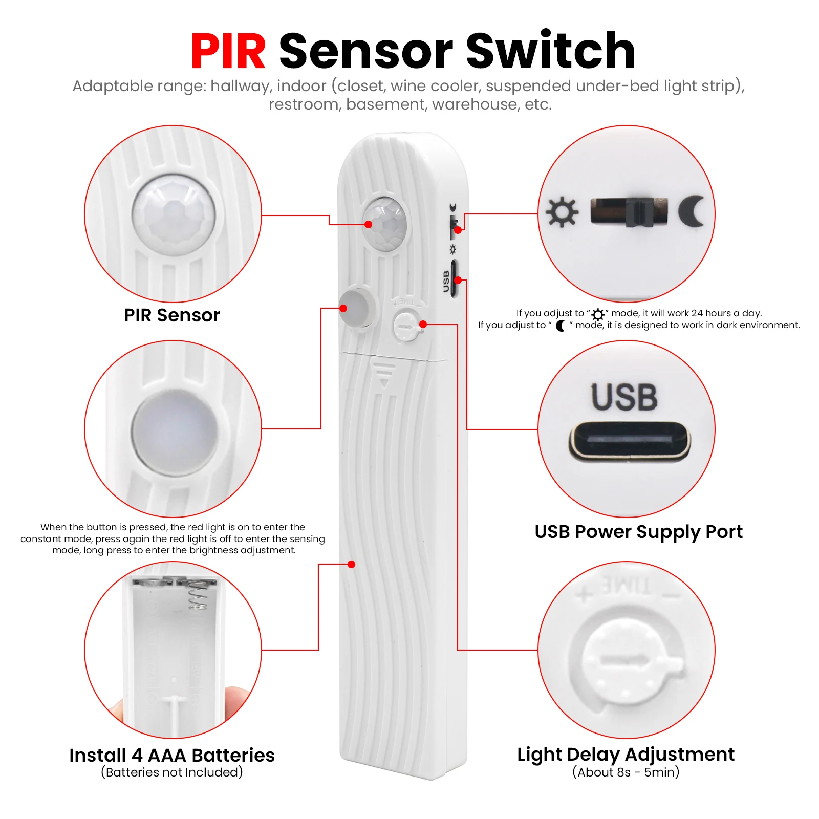 5V 8MM COB LED 스트립 모션 센서 유도 야간 조명 AAA 배터리 박스 전원 LED 테이프 화이트 레드 블루 그린 핑크 옐로우