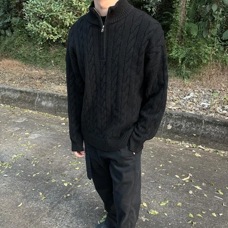 Man Knitting Base Layer 2025 Autumn Winter New Retro Lazy Sweater Half Zip Cable Knit Unisex Teen Couples Inner Wear Knit Top