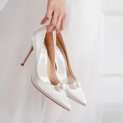 2025 New Pointed White Pearl 7cm Thin High Heel Women's Red Bridal Wedding Shoes