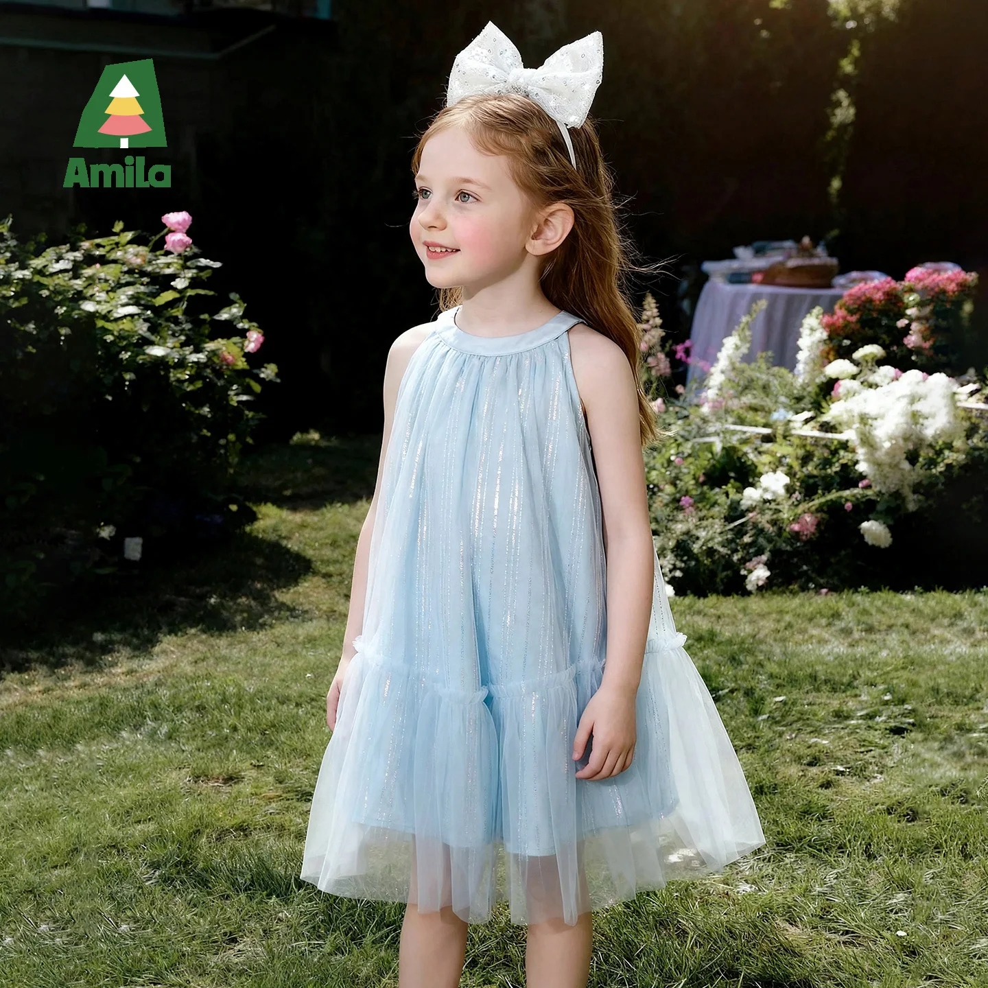 Amila 2026 Summer New Girls' Dress With Sequined Mesh Light Luxury And Gorgeous Temperament Sleeveless Hanging Neck Skirt