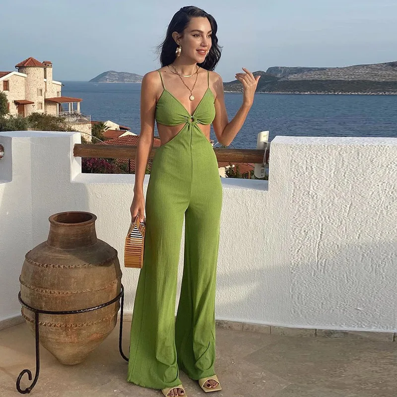 Solid Color Jumpsuits For Women Spaghetti Strap Low Cut Slim Hollow Out Sexy Wide Leg Playsuits Ladies 2023 Summer Beach Party