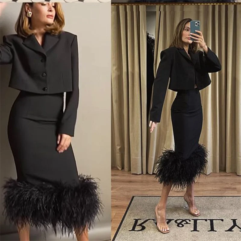 Black Designer Ostrich Feather Women Suit Skirt Sets  Custom Made Blazer+Dress Single Breasted Prom Dresses 2 Piece Short Jacket