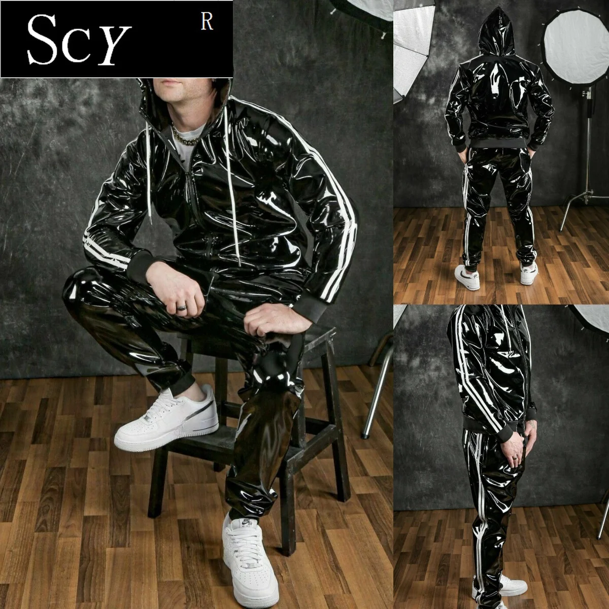 Men's and women's PU leather Hoodie suit leisure sportswear Hoodie jogging suit sportswear men's suit bright leather sportswear