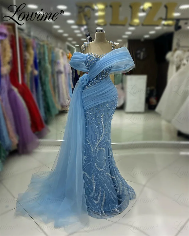 Vestido elegante de sirena con cuentas de cristal azul, vestidos de noche con lentejuelas, fiesta Formal, segunda recepción, vestido de compromiso, hecho a medida