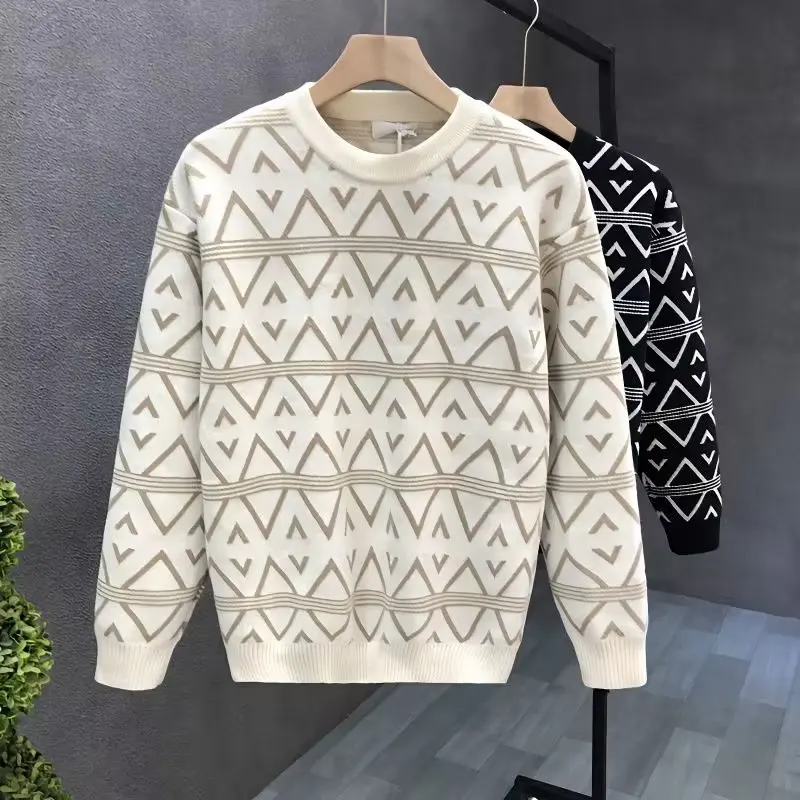 Autumn Winter Men's Sweater High Quality Knitted Geometric O Neck Sweater Japan Harajuku High Street Slim Fit Top Men's Clothing