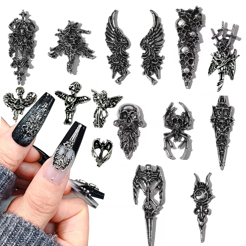Halloween Complex Alloy Angel Statue Skull Nail Art Charms Retro Cross Heart Dark Wind Series Nail Decoration DIY Nails Supplies