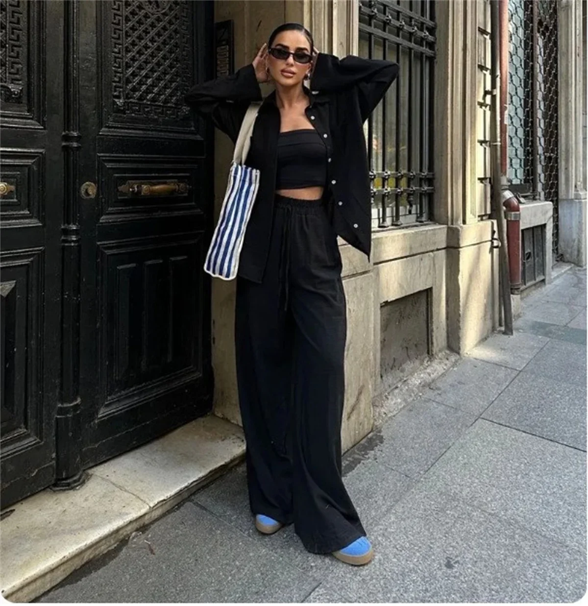 Fashion Women Summer Two Piece Sets 2024 Long Sleeve Wide Leg Pants Solid Color Outfits Casual Holiday Simple Communte Chic Suit