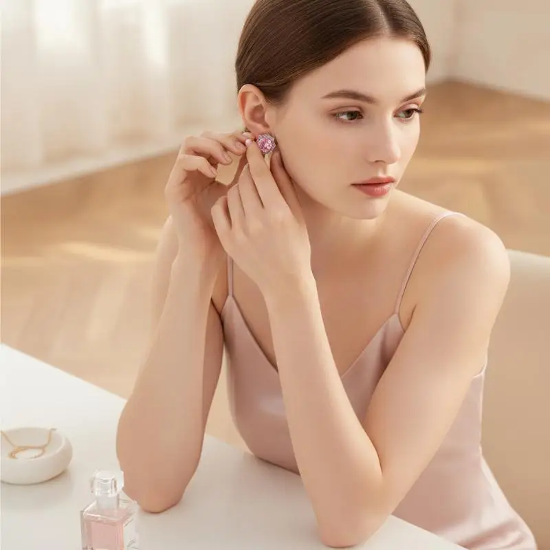 Crystal Flower Stud Earrings Sweet Cute 1 Pair Pink White Purple for Women Graduation Gift Daily Matching Jewelry